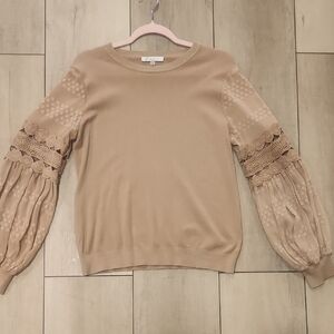 Siani Brand Tan/Beige Blouse with Lace Sleeves Size Large